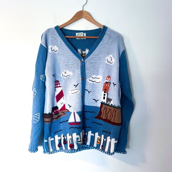 Vintage Design White Blue Lighthouse Ocean Sailboat Nantucket Cardigan Sweater L - Picture 2 of 10